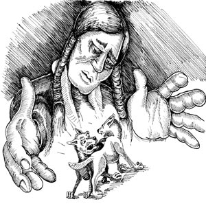 نقاشی سرخپوستی در حال نظاره دو گرگ درون