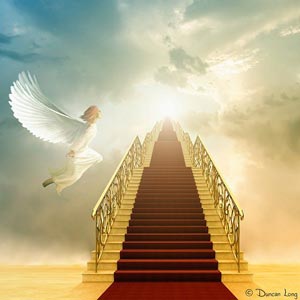 راه پله ای همراه با فرش قرمز به سوی بهشت با حضور فرشته