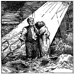 نقاشی سیاه و سفید زن و مردی بر روی عرشه کشتی در حال غرق شدن