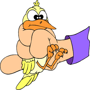 نقاشی کارتونی یک پرنده در دست یک مرد