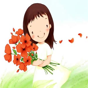 نقاشی دختری کوچک با دسته گل در دست