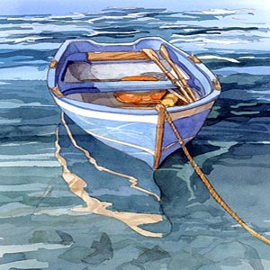 نقاشی یک قایق پارویی در آب که با طناب به جایی بسته شده است