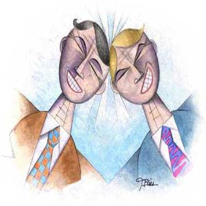 نقاشی دو مرد که سرشان محکم به هم خورده است و اختلاف نظر دارند