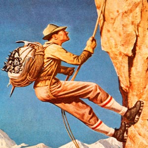 نقاشی یک مرد کوهنورد همراه با تجهیزات و طناب ایمنی در حال بالا رفتن از کوه
